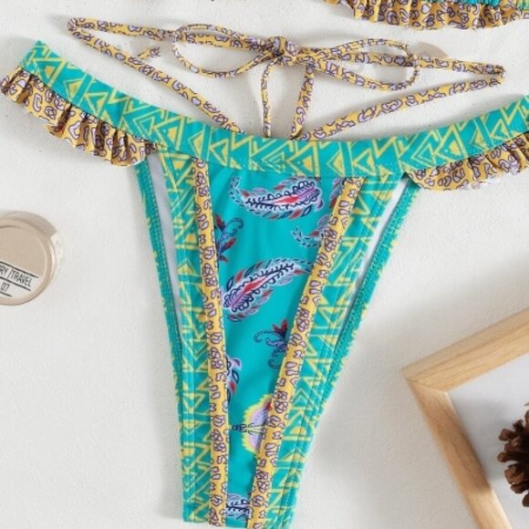 Boho  Floral & Geo Print Triangle Thong Bikini Swimsuit - Picture 3 of 3